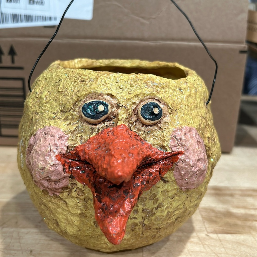 Vintage chick Polliwogs American Folk Art Retired Paper Mache chicken basket